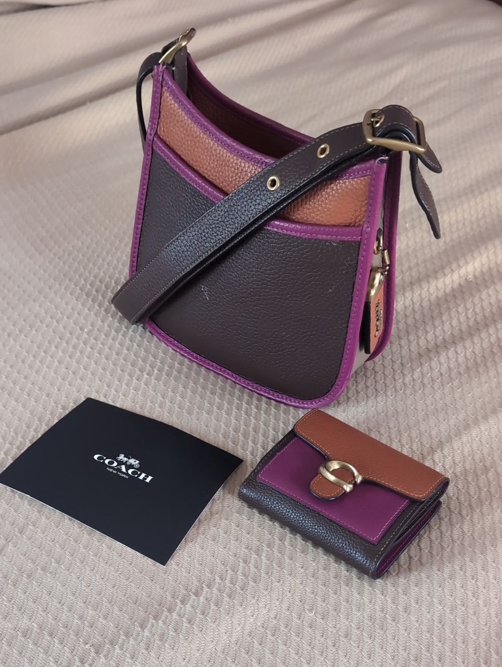 Coach 1941 SET Emery Color block Leather Saddle Bag Style Purse Bifold Wallet